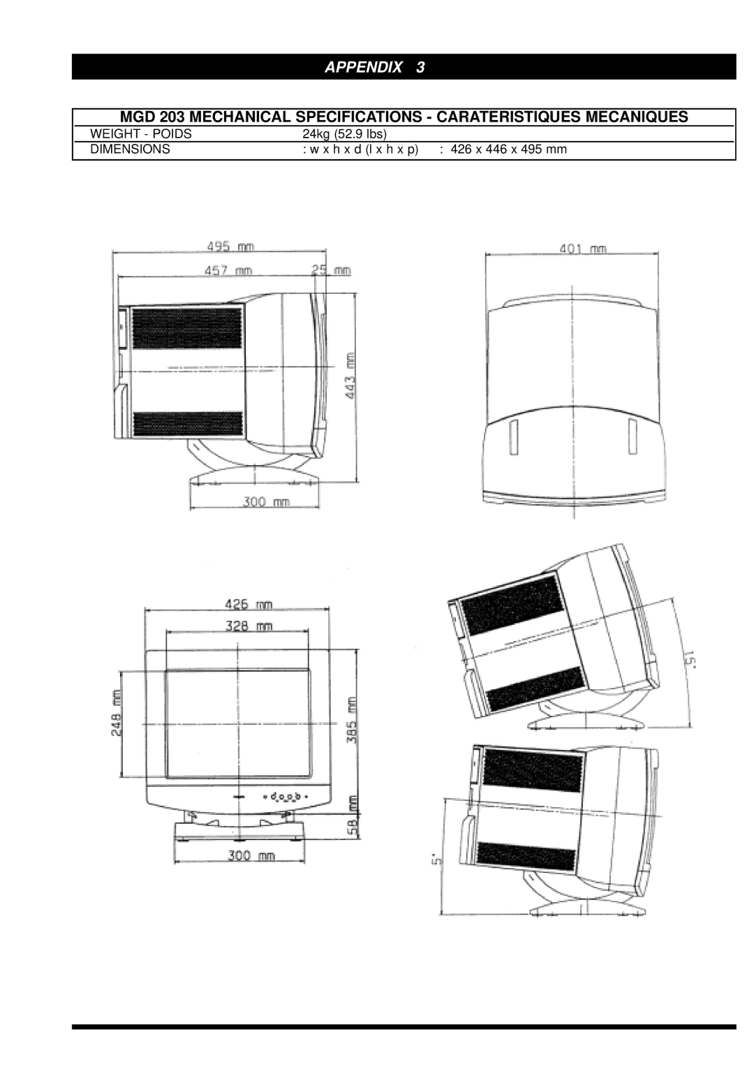 Philips MGD403, MGD203 user manual MGD 203 Mechanical Specifications Carateristiques Mecaniques 