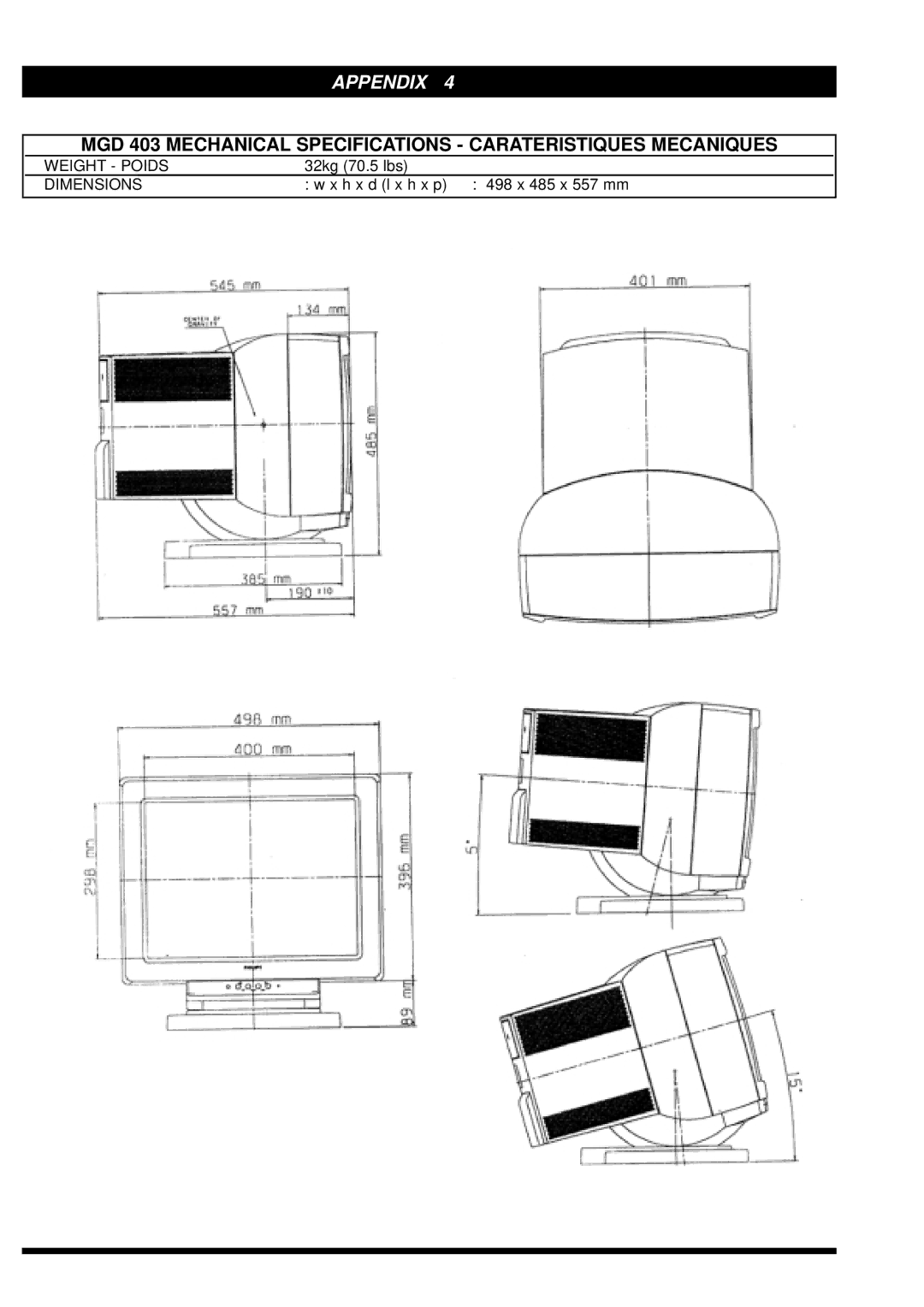 Philips MGD203, MGD403 user manual MGD 403 Mechanical Specifications Carateristiques Mecaniques 