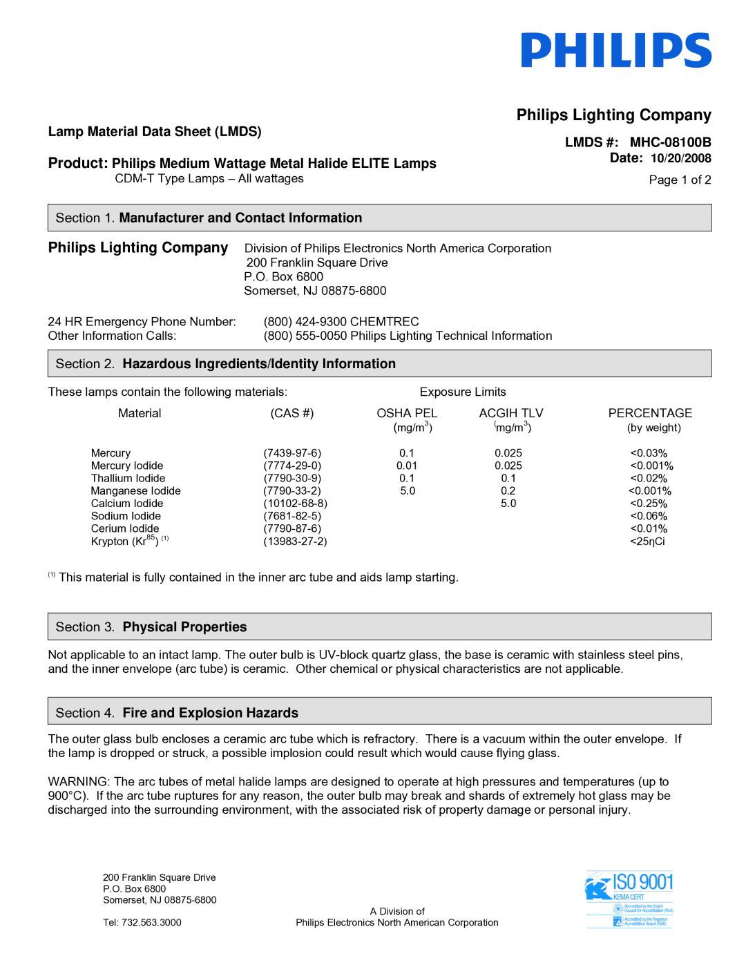 Philips MHC-08100A manual Lamp Material Data Sheet Lmds, Lmds # MHC-08100B, Manufacturer and Contact Information 