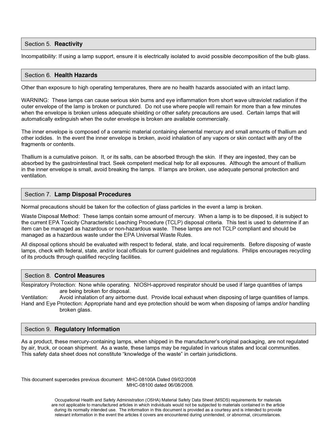 Philips MHC-08100A, MHC-08100B manual Health Hazards, Lamp Disposal Procedures, Control Measures, Regulatory Information 