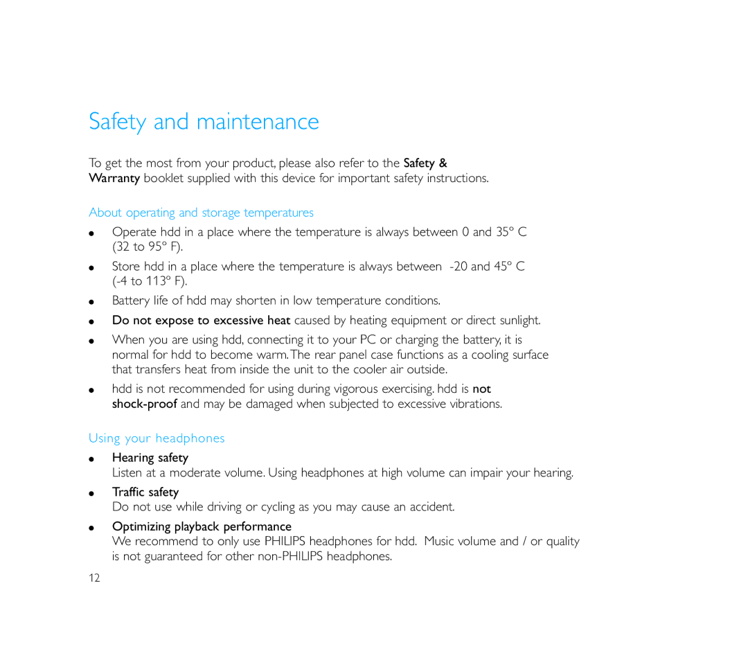 Philips Micro Jukebox user manual Safety and maintenance, About operating and storage temperatures, Using your headphones 