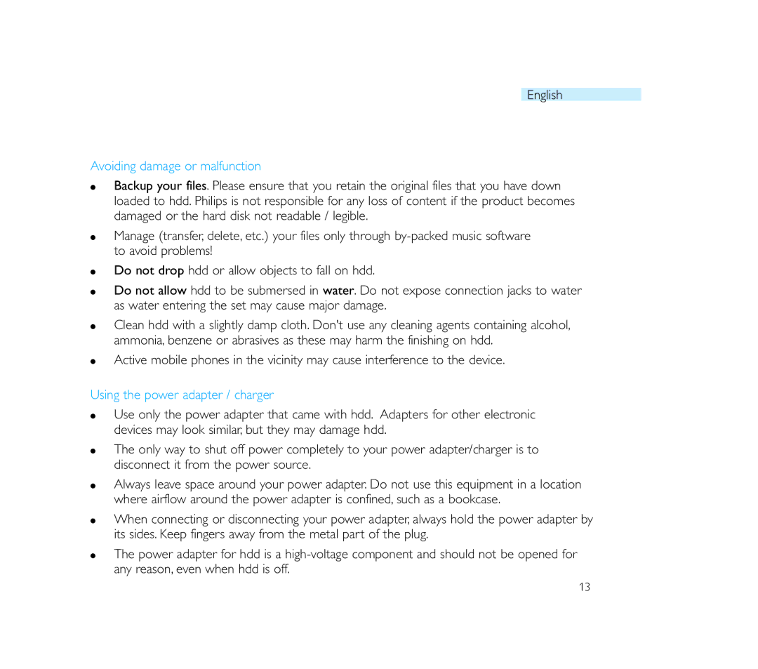 Philips Micro Jukebox user manual Avoiding damage or malfunction, Using the power adapter / charger 