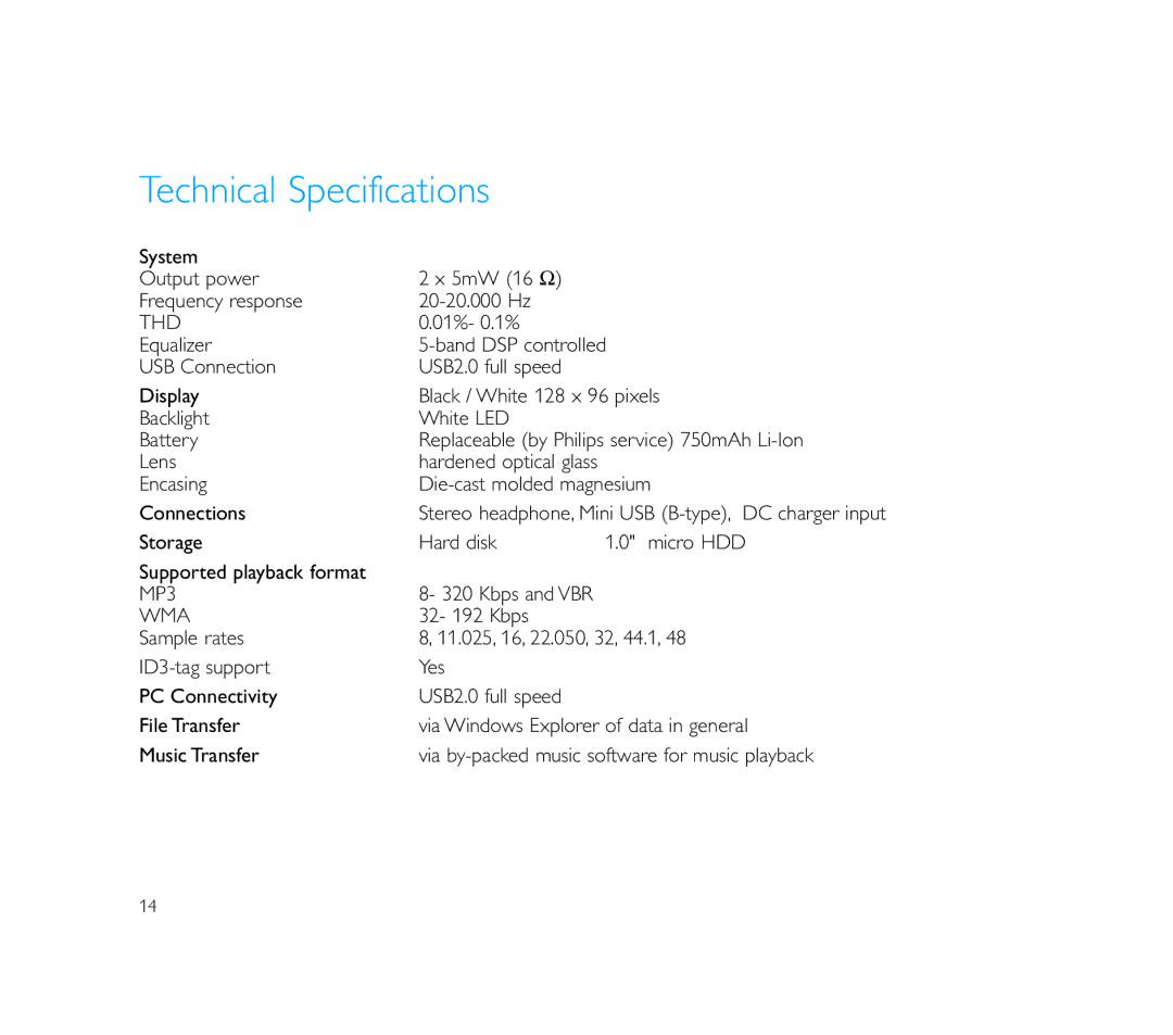 Philips Micro Jukebox user manual Technical Specifications, Thd 