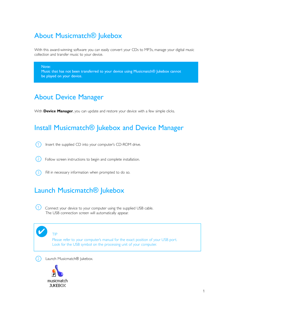 Philips Micro Jukebox About Musicmatch Jukebox, About Device Manager, Install Musicmatch Jukebox and Device Manager 