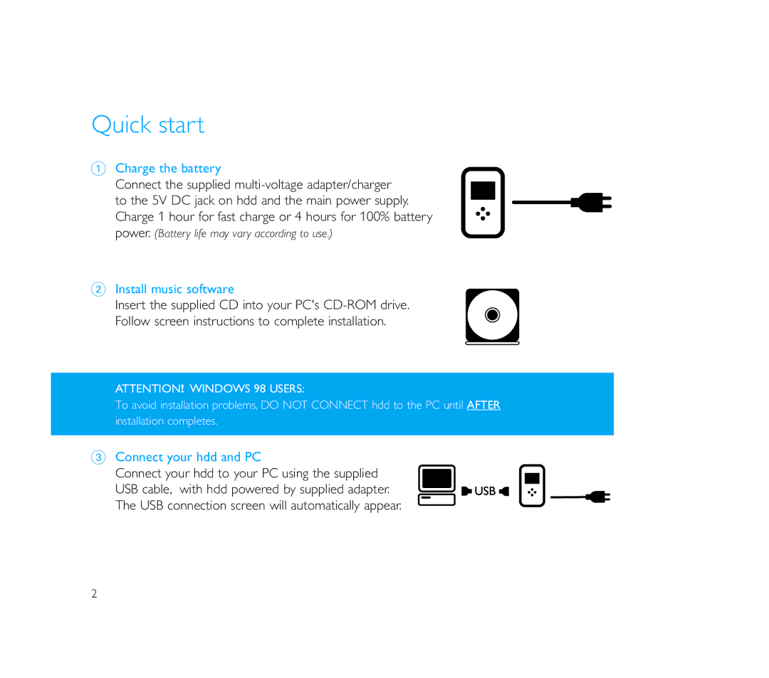 Philips Micro Jukebox user manual Quick start, Charge the battery, Install music software, Connect your hdd and PC 