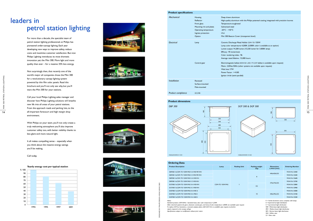 Philips Mini300 manual Yearly energy cost per typical station, Product speciﬁcations, Product dimensions, Ordering Data 