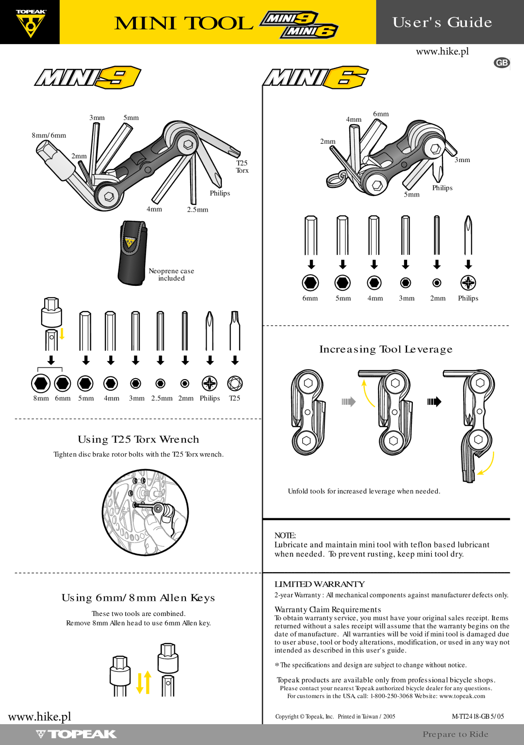 Philips Mini9 warranty Mini Tool, Users Guide, Using T25 Torx Wrench, Using 6mm/8mm Allen Keys, Increasing Tool Leverage 