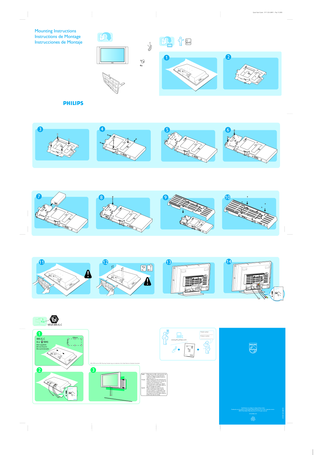 Philips user manual Vesa Mis-E, C, 200mm, 100mm, Not supplied, Kit non fourni, No suministrado, 3139 125, Connect 