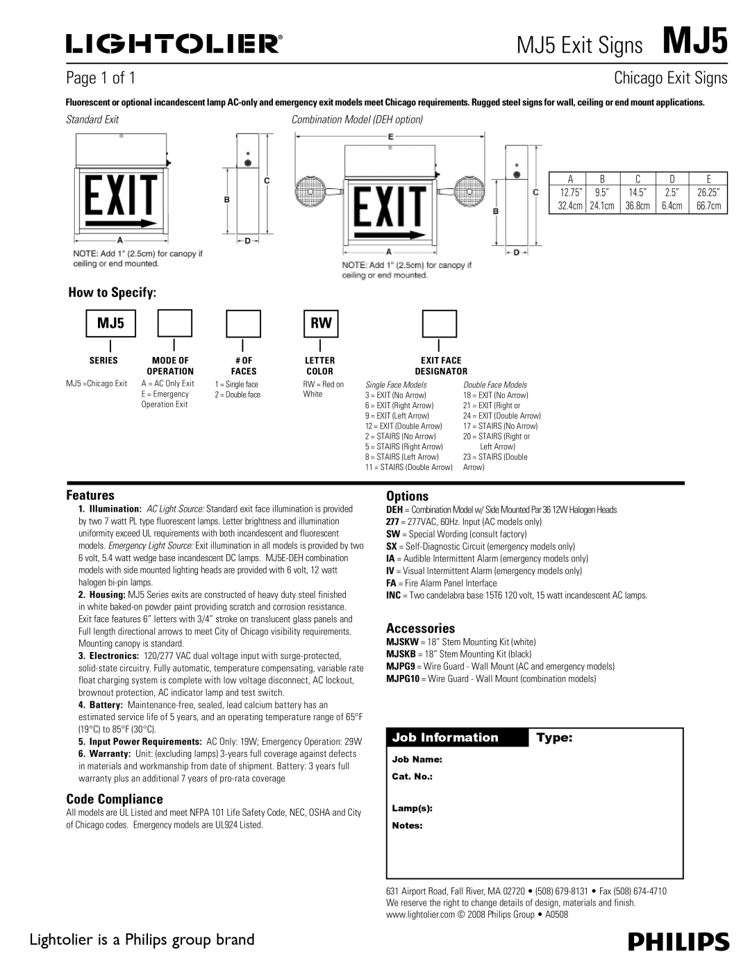 Philips MJ5 warranty How to Specify, Features, Code Compliance, Options, Accessories 