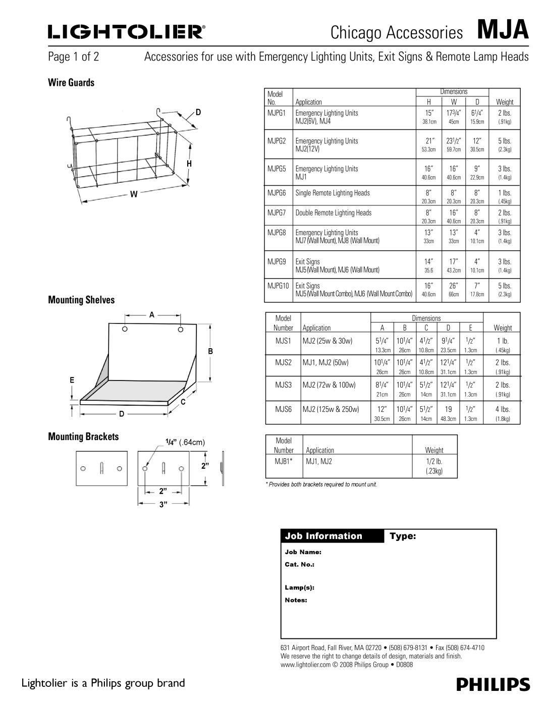 Philips MJA Series dimensions Chicago Accessories MJA, Wire Guards Mounting Shelves, Mounting Brackets, MJ1 