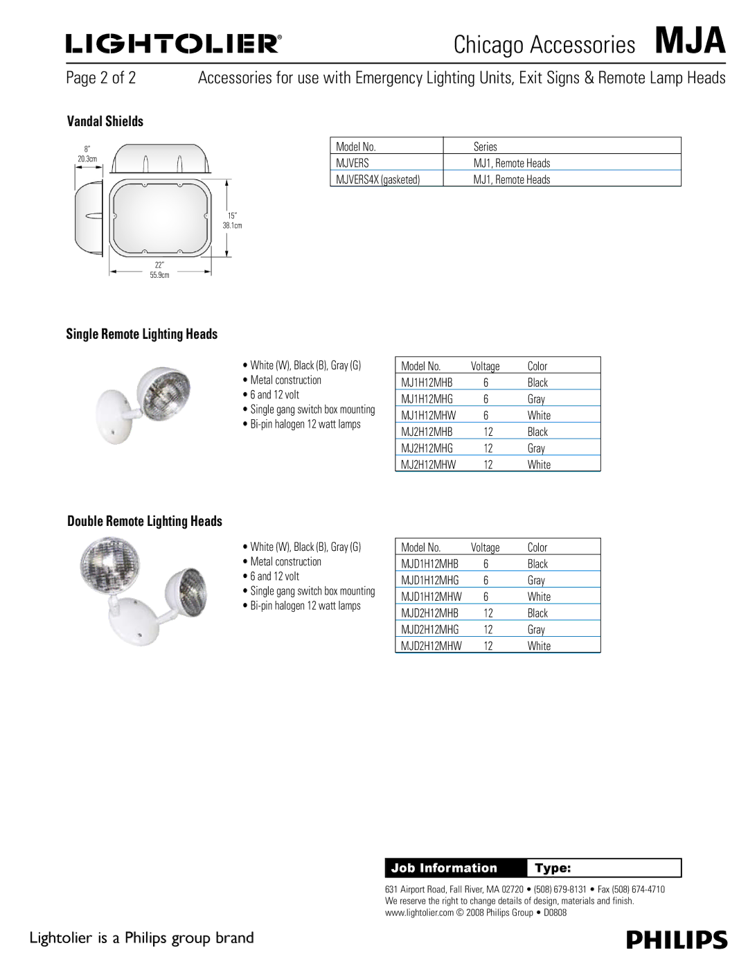 Philips MJA Series dimensions Vandal Shields, Single Remote Lighting Heads, Double Remote Lighting Heads 