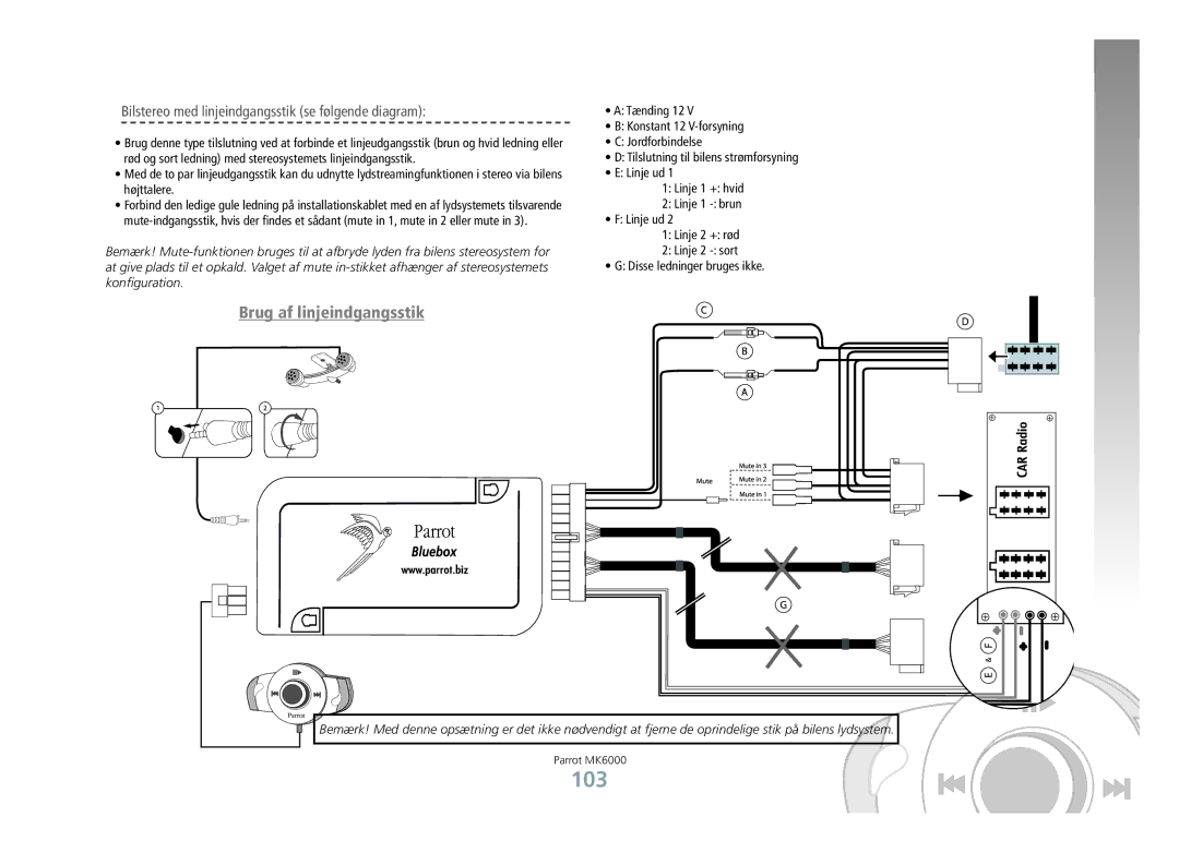 Philips MK6000 manual 103, Brug af linjeindgangsstik, Bilstereo med linjeindgangsstik se følgende diagram 