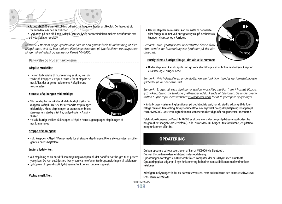 Philips MK6000 manual 108, Opdatering, Beskrivelse og brug af funktionerne 