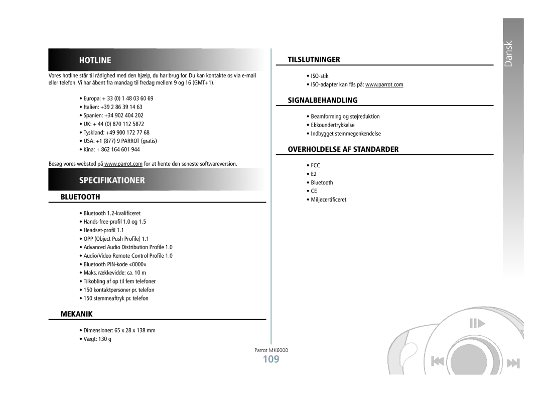 Philips MK6000 manual 109, Specifikationer, Tilslutninger, Overholdelse af standarder 