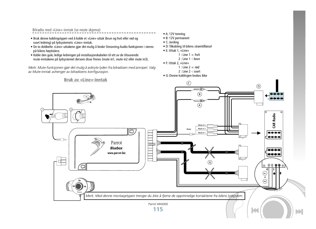 Philips MK6000 manual 115, Bruk av «Line»-inntak, Bilradio med «Line»-inntak se neste skjema 