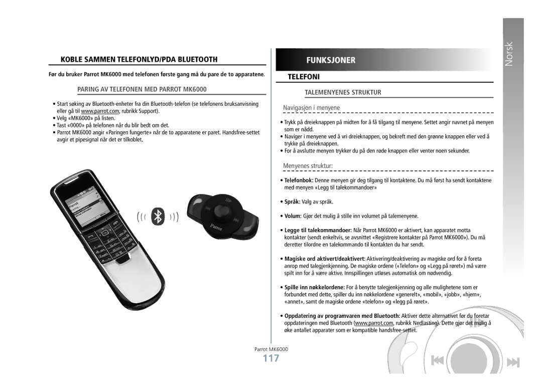 Philips manual 117, Funksjoner, Koble sammen telefonlyd/PDA Bluetooth, Paring av telefonen med Parrot MK6000 