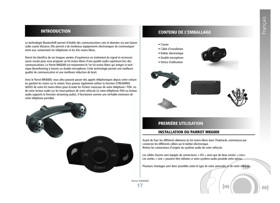 Philips manual Contenu DE L’EMBALLAGE, Première Utilisation, Installation du Parrot MK6000 