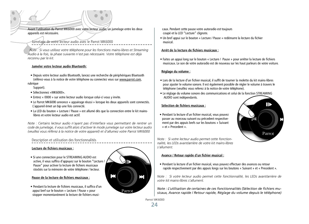 Philips manual Jumelage de votre lecteur audio avec le Parrot MK6000, Description et utilisation des fonctionnalités 