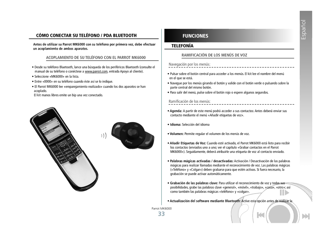 Philips MK6000 manual Funciones, Cómo conectar su teléfono / PDA Bluetooth, Telefonía, Ramificación de los menús de voz 