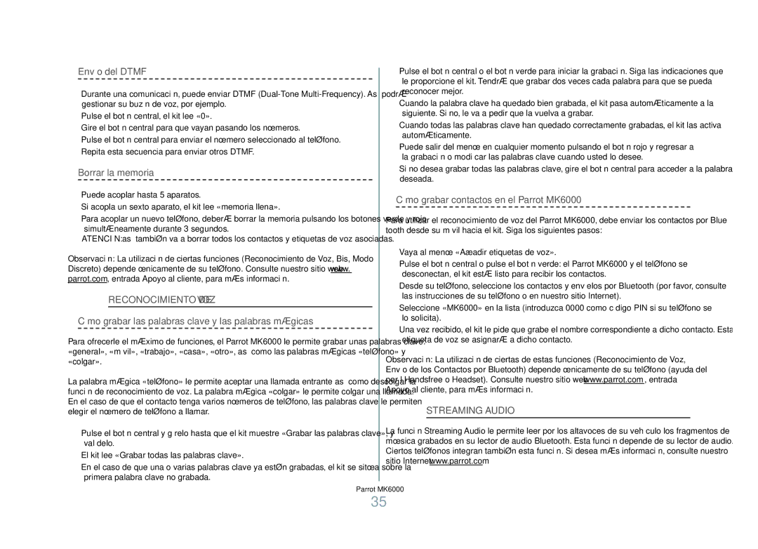 Philips manual Envío del Dtmf, Borrar la memoria, Reconocimiento de voz, Cómo grabar contactos en el Parrot MK6000 