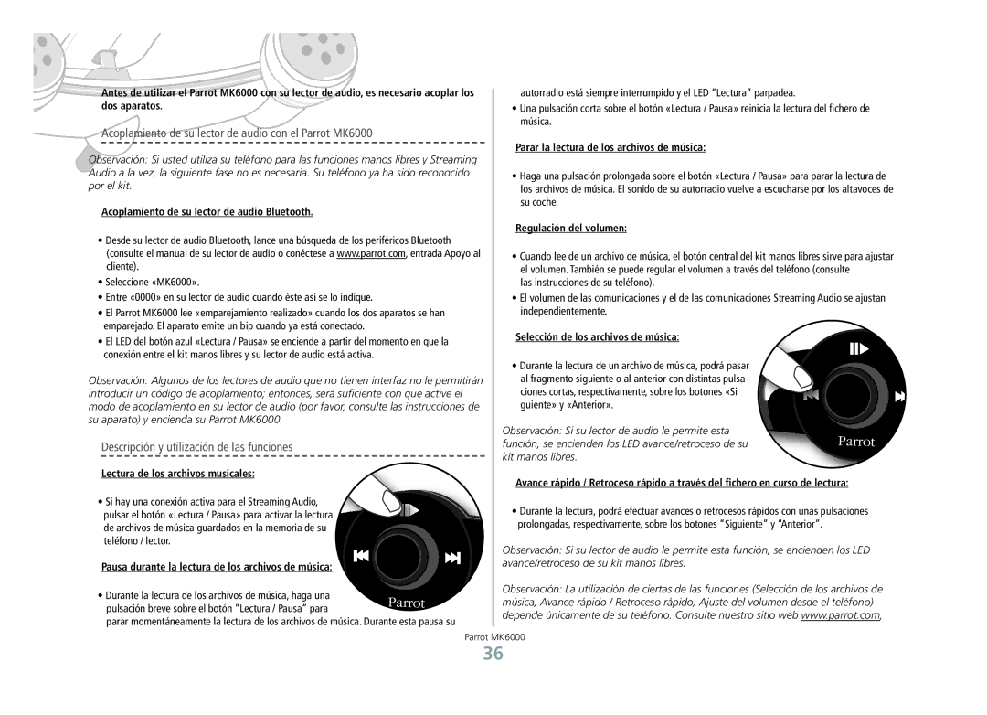 Philips manual Acoplamiento de su lector de audio con el Parrot MK6000, Descripción y utilización de las funciones 