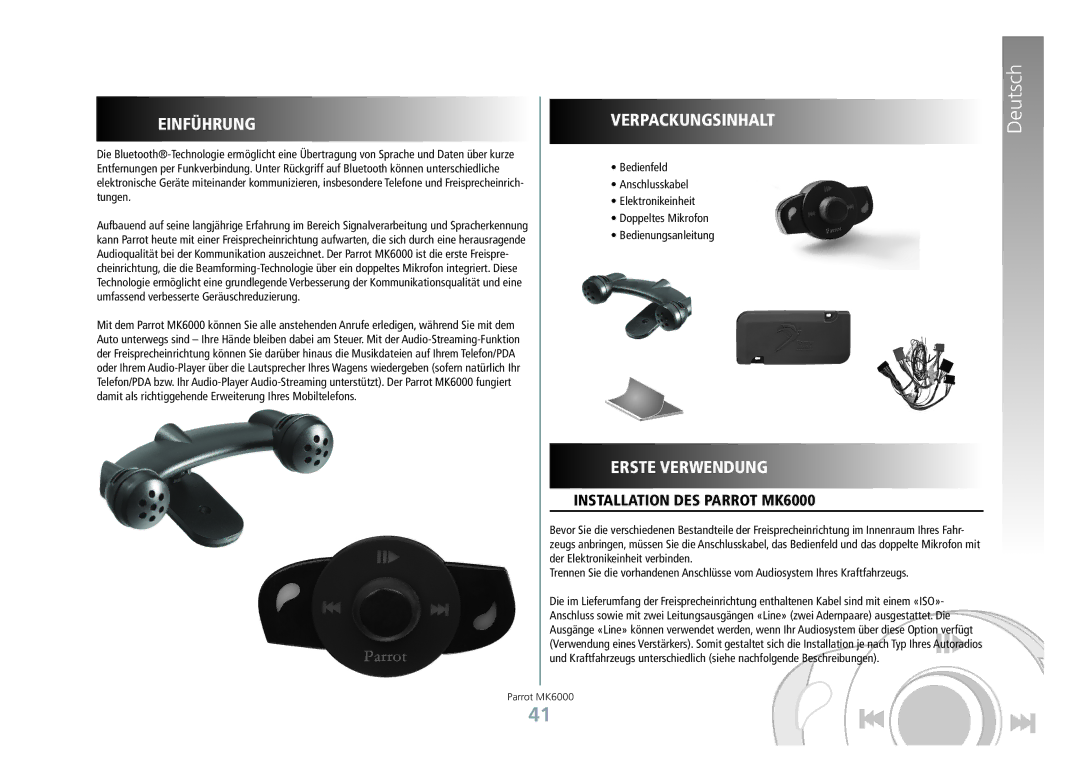 Philips manual Einführung, Verpackungsinhalt, Erste Verwendung, Installation des Parrot MK6000 