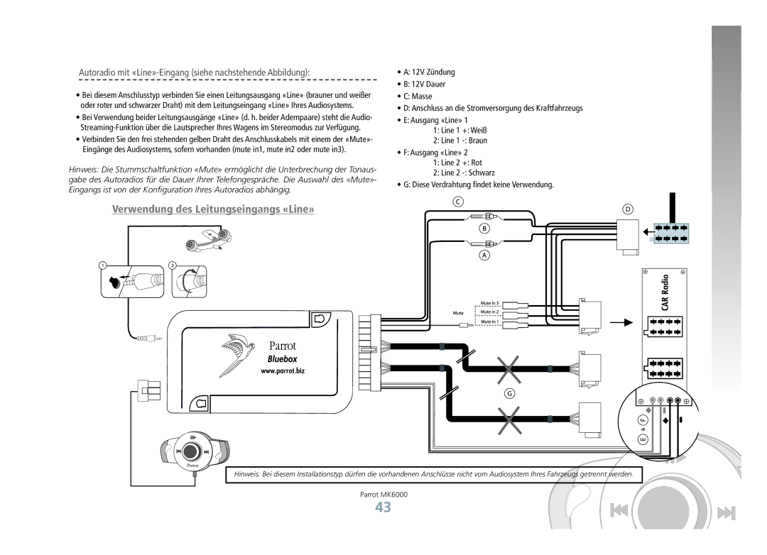 Philips MK6000 manual Verwendung des Leitungseingangs «Line», Autoradio mit «Line»-Eingang siehe nachstehende Abbildung 