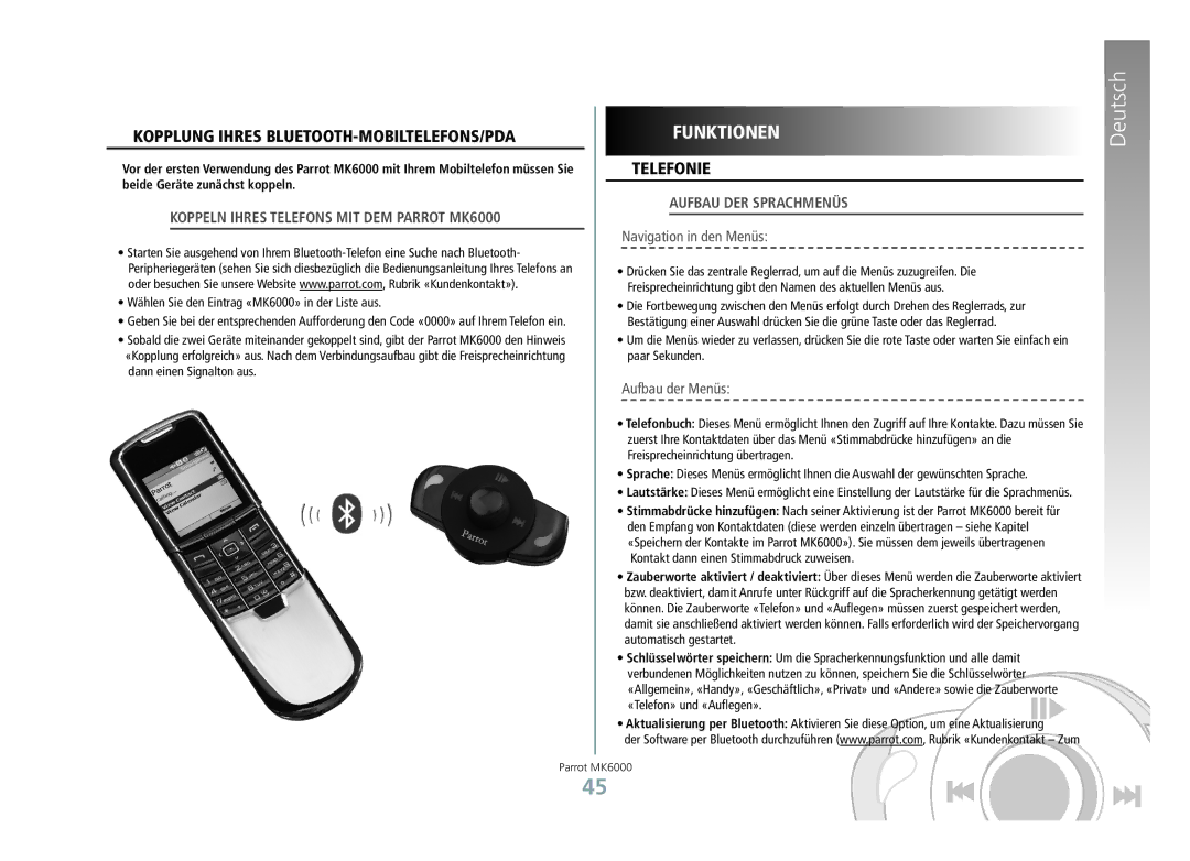 Philips MK6000 manual Funktionen, Kopplung Ihres Bluetooth-Mobiltelefons/PDA, Telefonie, Aufbau der Sprachmenüs 