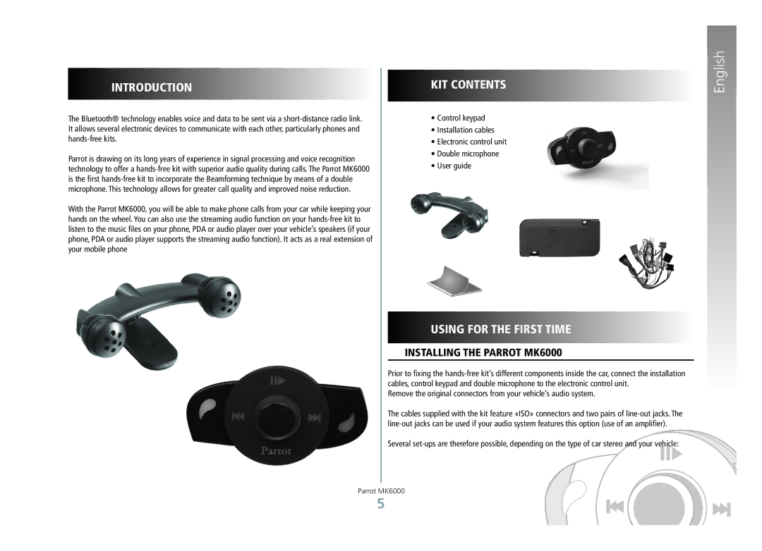 Philips manual Introduction, KIT Contents, Using for the First Time, Installing the Parrot MK6000 