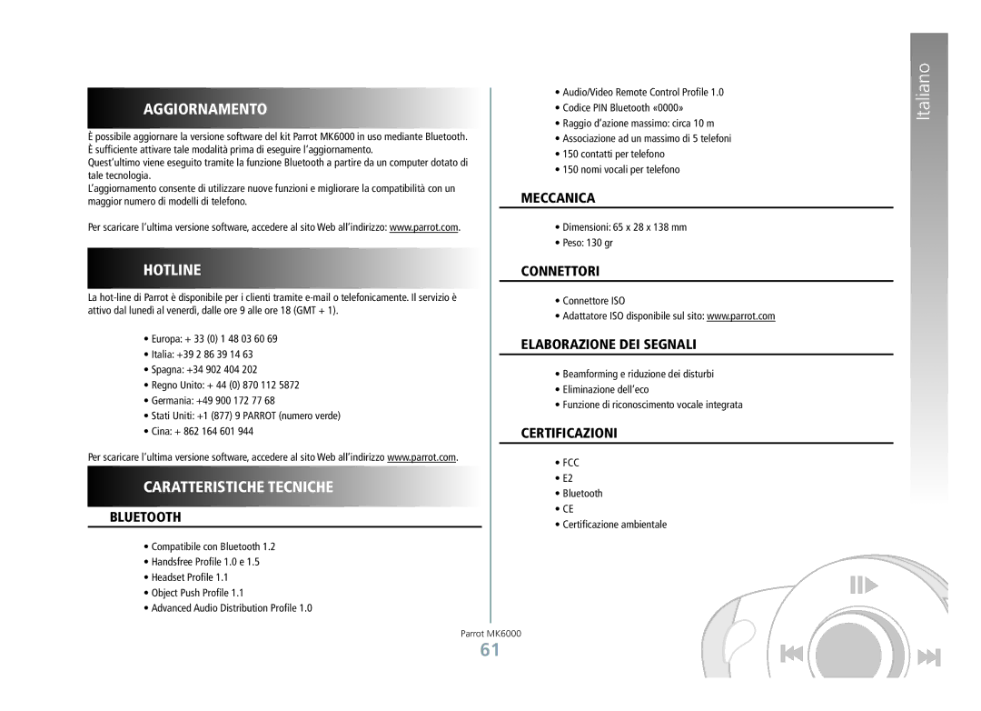 Philips MK6000 manual Aggiornamento, Caratteristiche Tecniche 