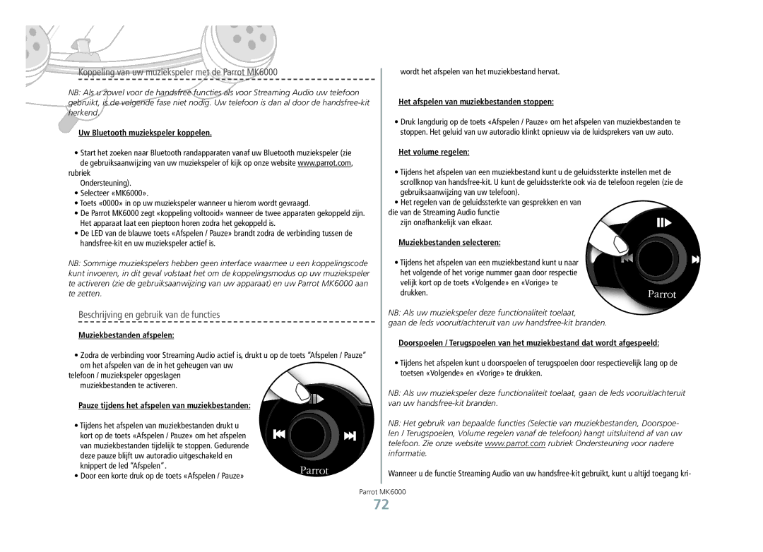 Philips manual Koppeling van uw muziekspeler met de Parrot MK6000, Beschrijving en gebruik van de functies 