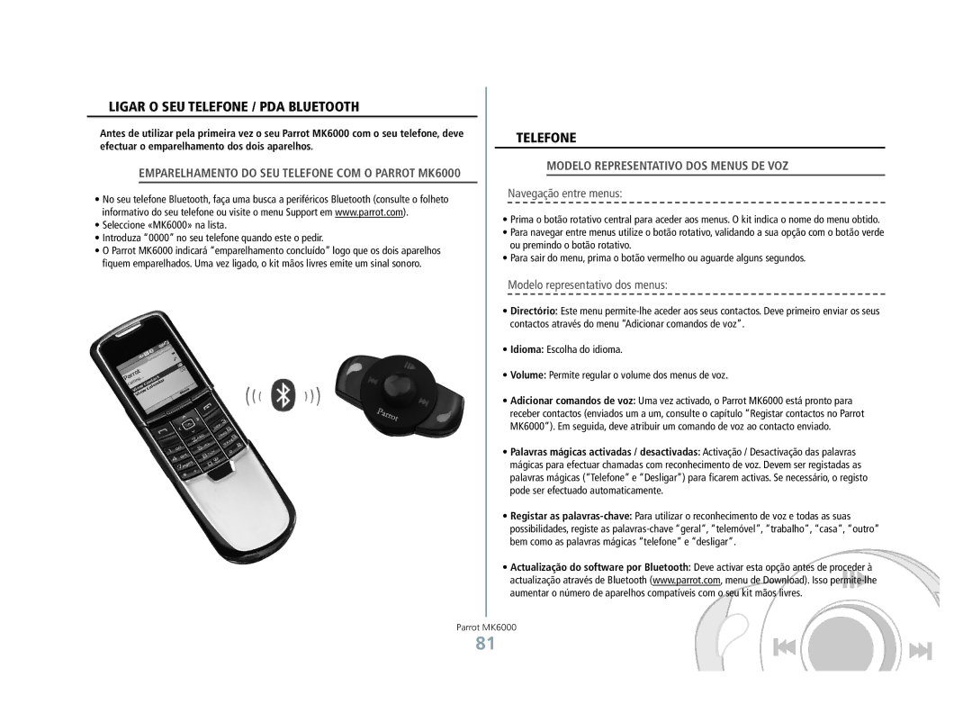 Philips MK6000 Funcionalidades, Ligar o seu telefone / PDA Bluetooth, Telefone, Modelo representativo dos menus de voz 