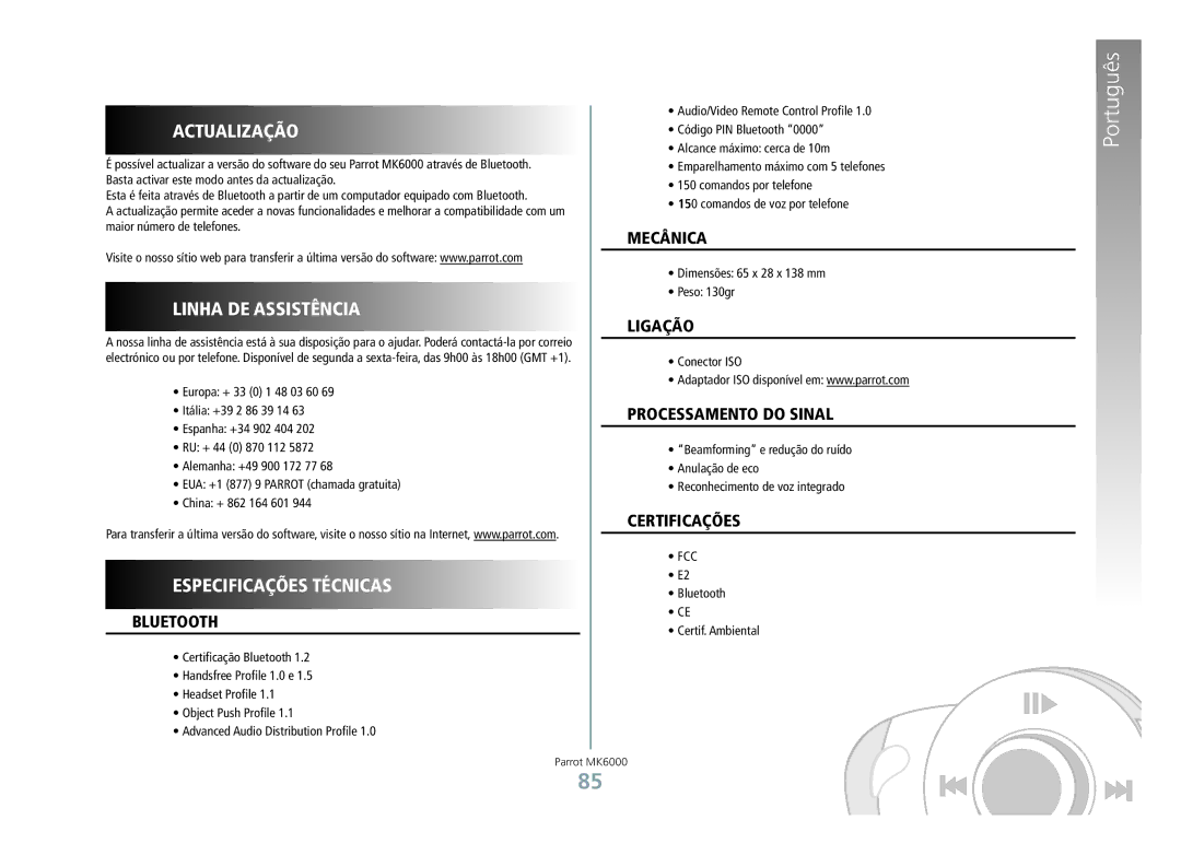 Philips MK6000 manual Actualização, Linha de Assistência, Especificações técnicas 