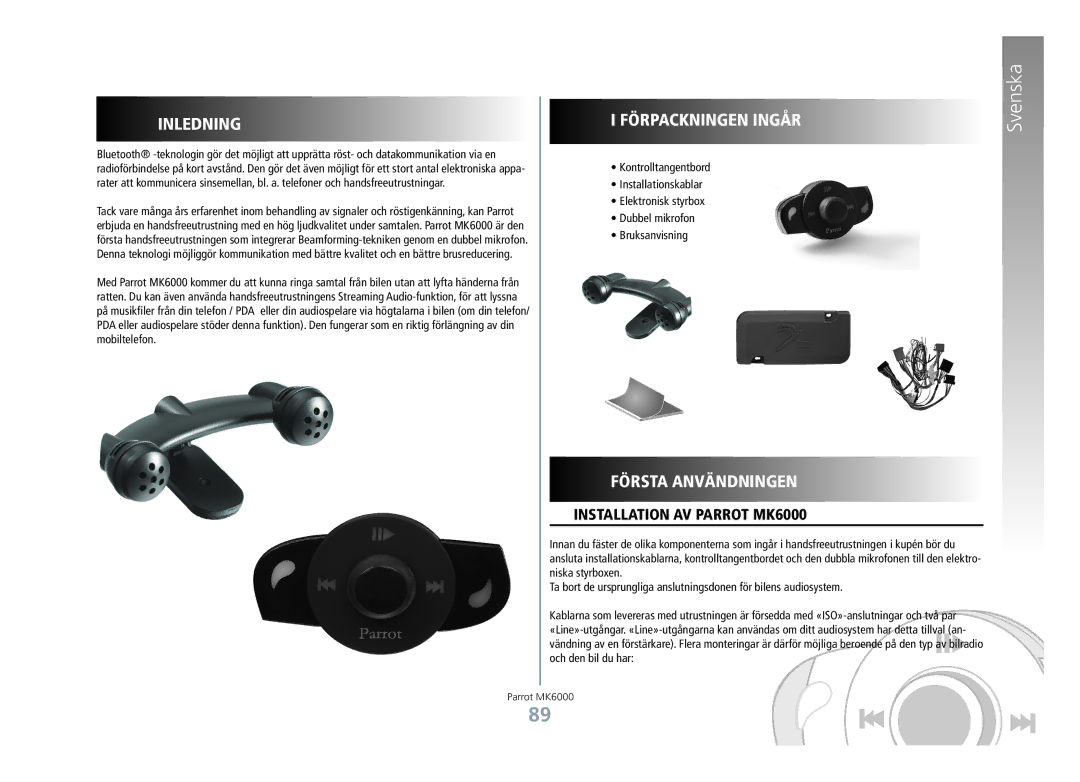 Philips manual Inledning, Förpackningen ingår, Första användningen, Installation av Parrot MK6000 