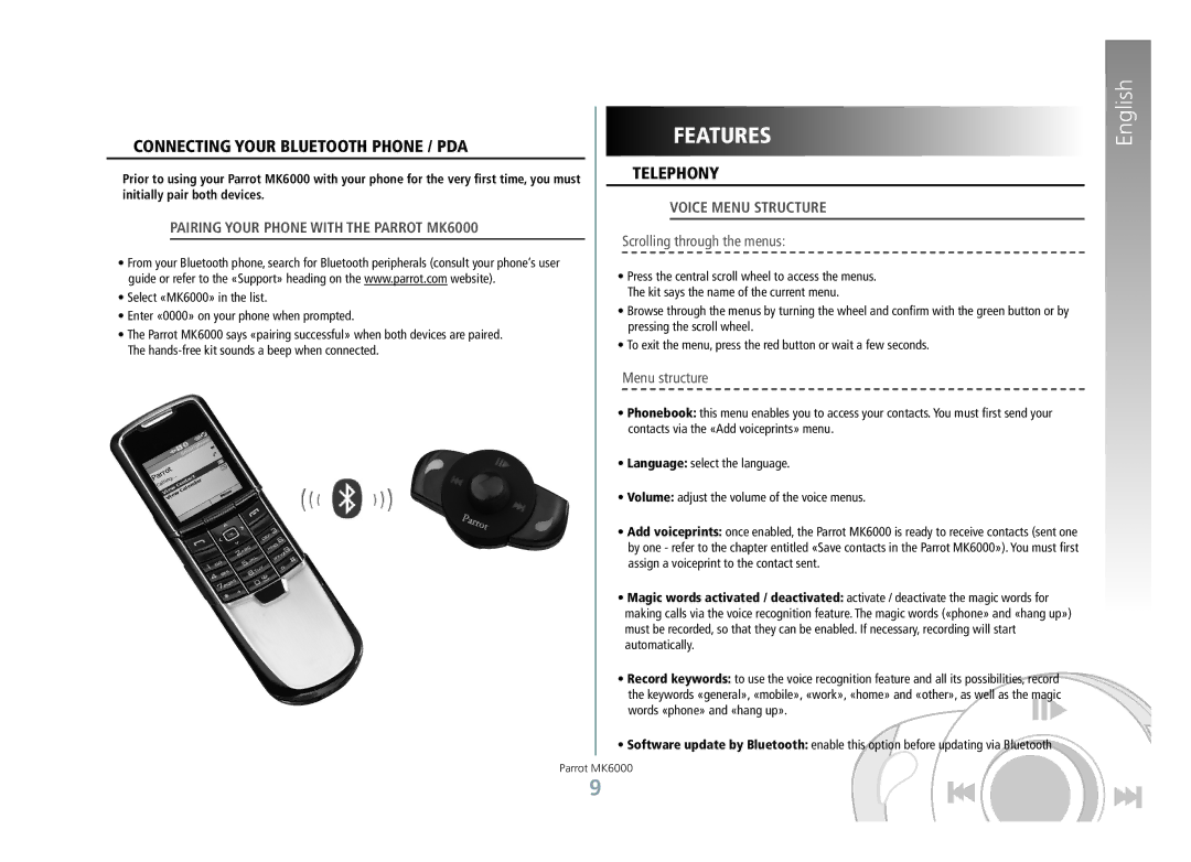 Philips manual Connecting your Bluetooth phone / PDA, Telephony, Pairing your phone with the Parrot MK6000 