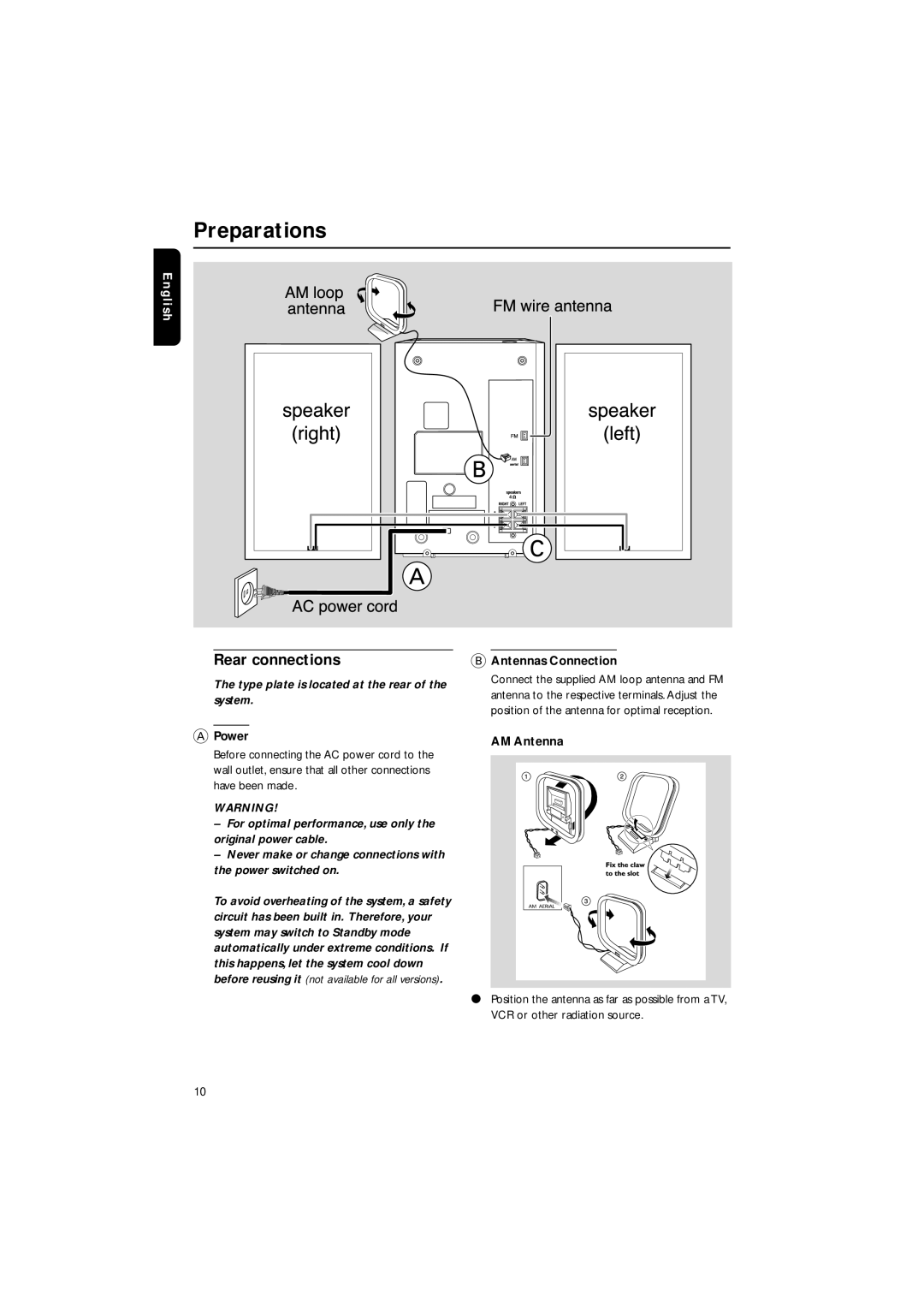 Philips MME-100 warranty Preparations, Rear connections, Antennas Connection, Power, AM Antenna 