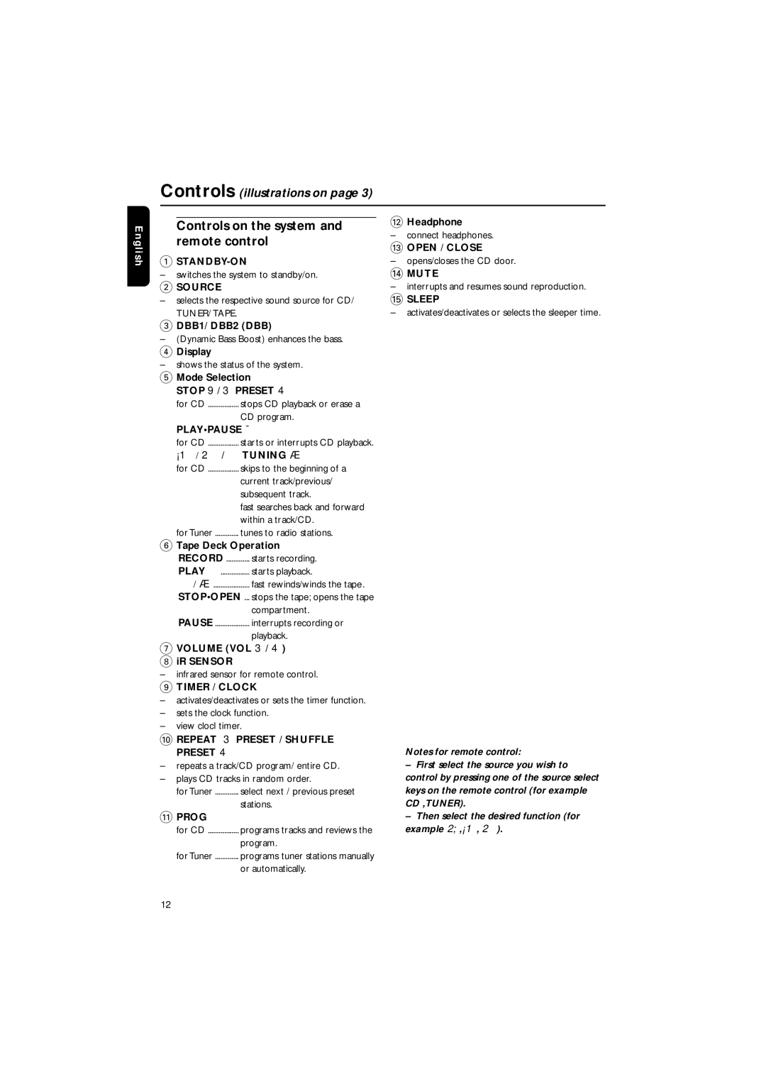 Philips MME-100 warranty Controls on the system, Remote control 