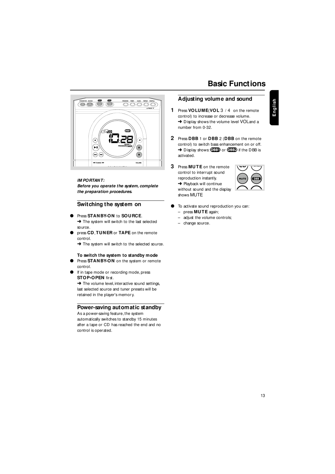 Philips MME-100 warranty Adjusting volume and sound, Switching the system on, Power-saving automatic standby 