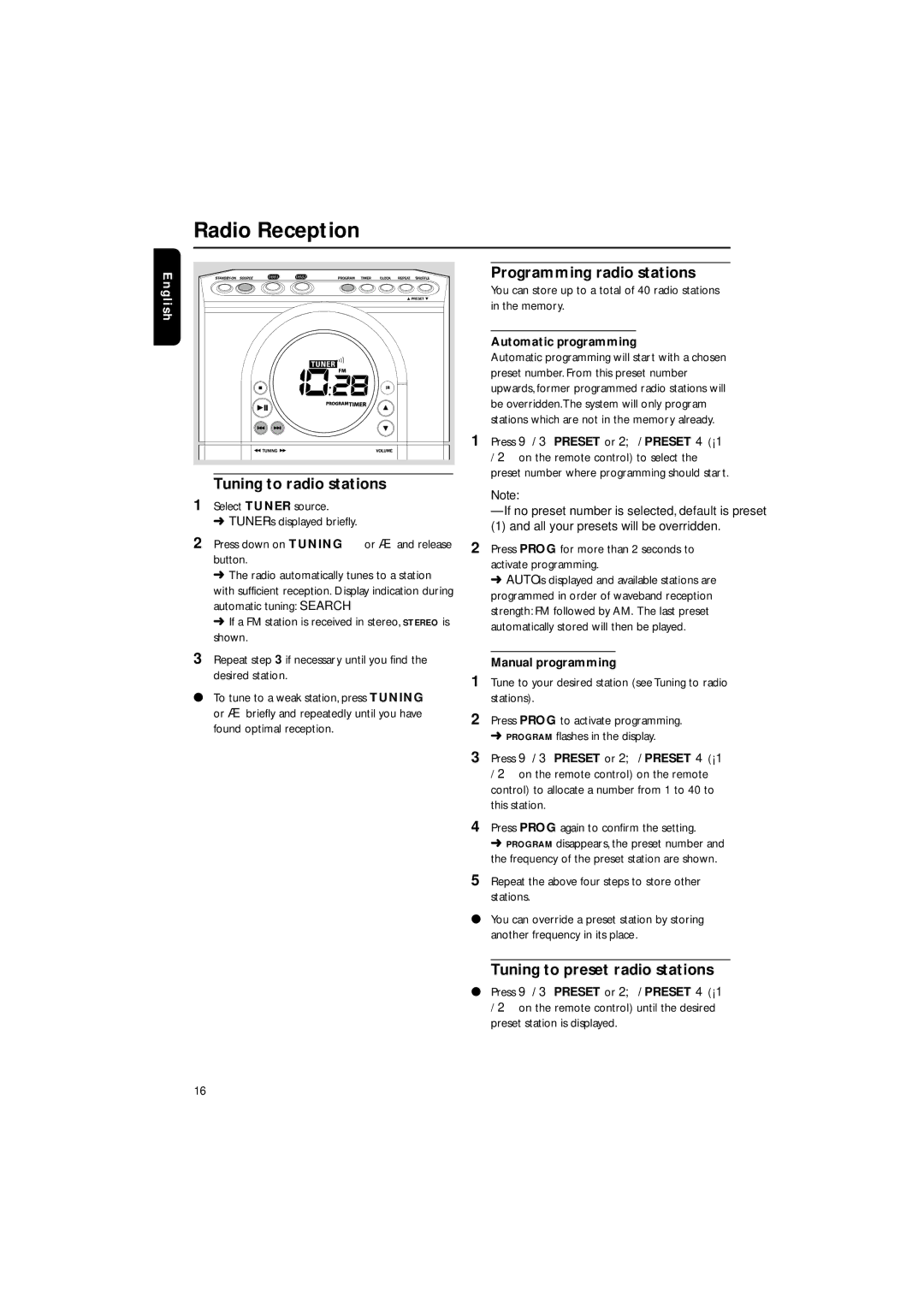 Philips MME-100 Radio Reception, Tuning to radio stations, Programming radio stations, Tuning to preset radio stations 