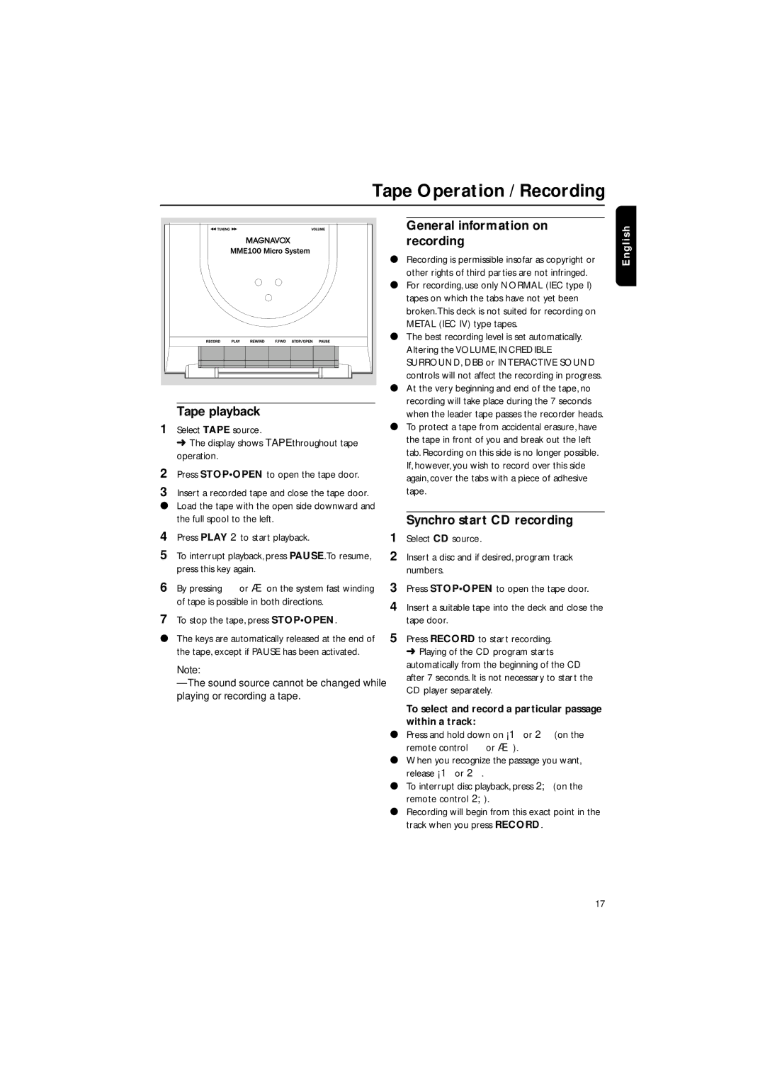 Philips MME-100 warranty Tape Operation / Recording, Tape playback, General information on recording 