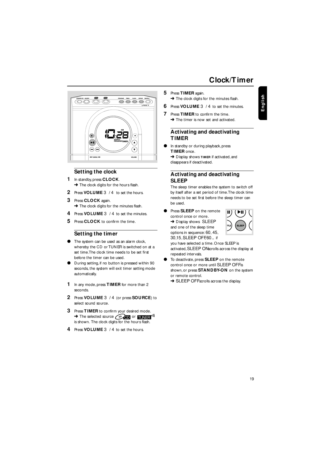 Philips MME-100 Clock/Timer, Setting the clock, Setting the timer, Activating and deactivating, Display shows Sleep 