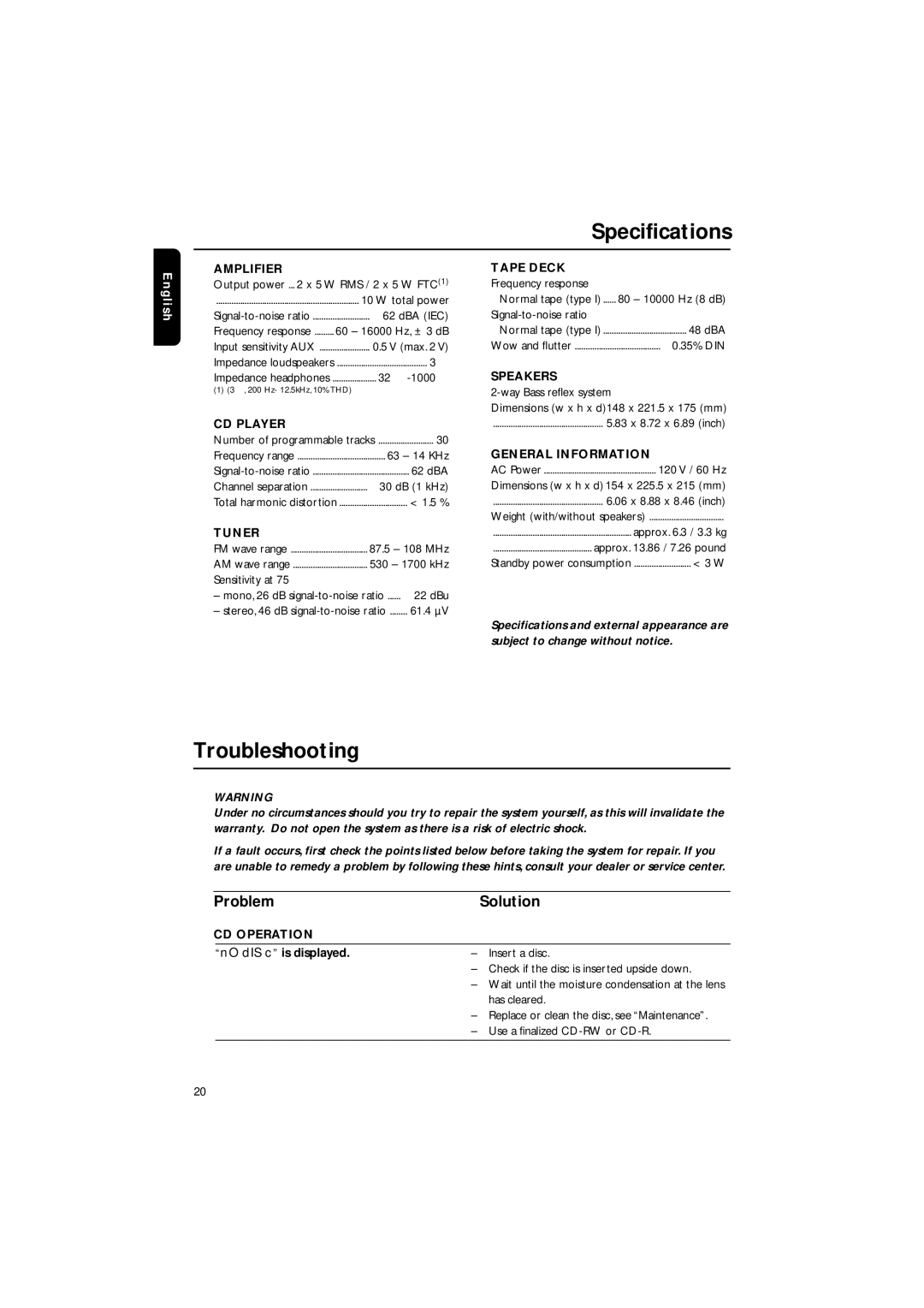 Philips MME-100 warranty Specifications, Troubleshooting, Problem Solution, D is c is displayed 