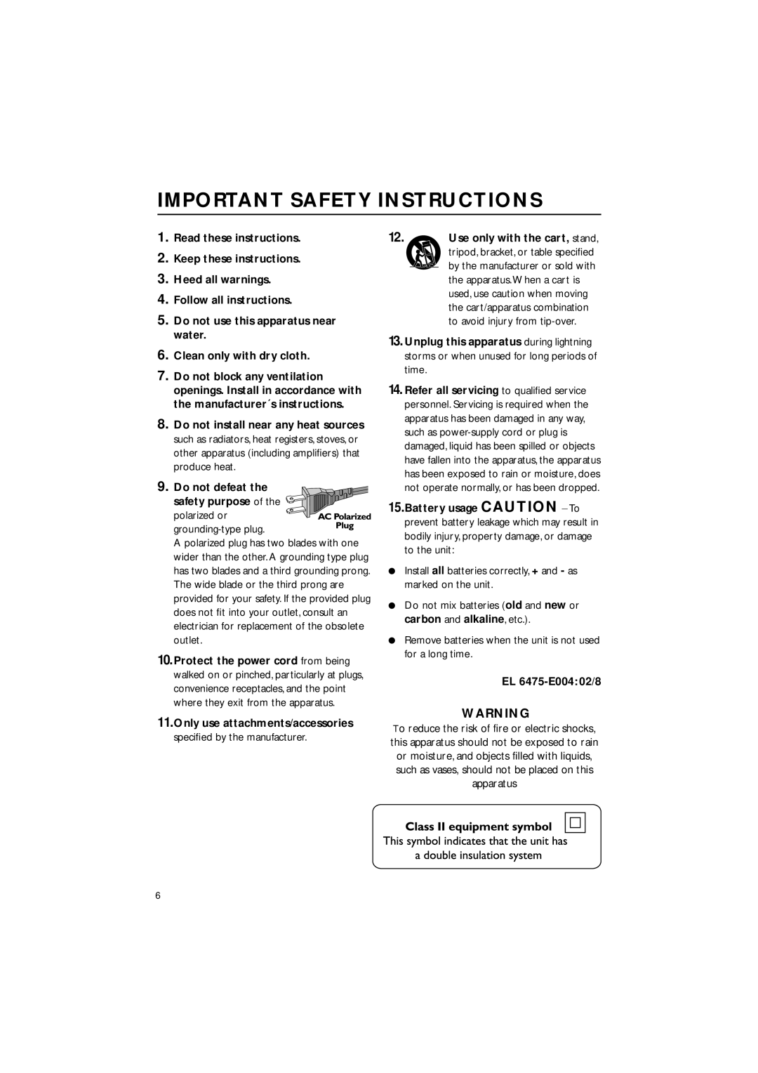 Philips MME-100 warranty Important Safety Instructions 