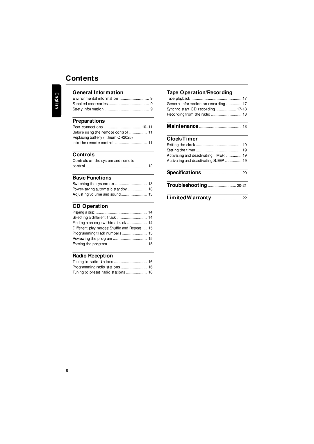 Philips MME-100 warranty Contents 