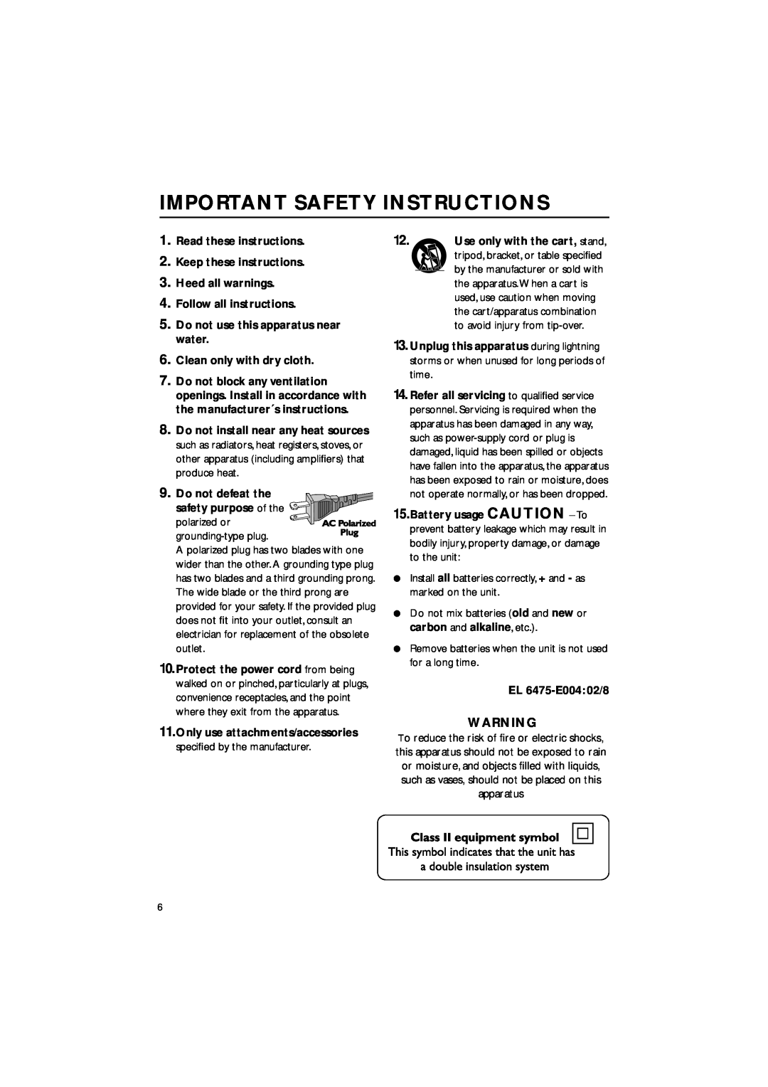 Philips MME-100 warranty Important Safety Instructions 