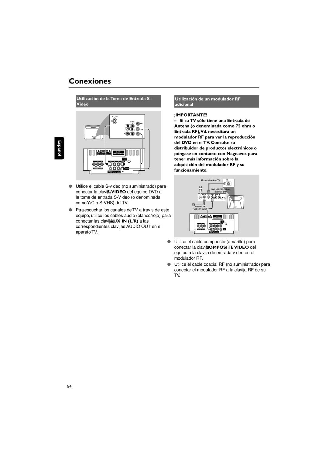 Philips MME239 owner manual Utilización de la Toma de Entrada S Vídeo Español, Utilización de un modulador RF Adicional 