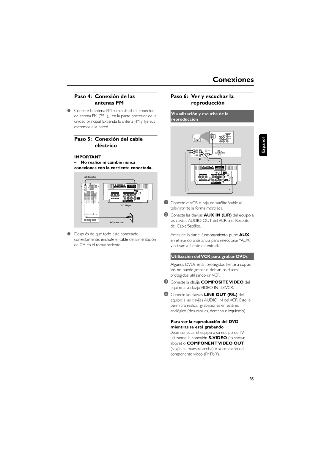 Philips MME239 owner manual Paso 4 Conexión de las antenas FM, Paso 5 Conexión del cable eléctrico 