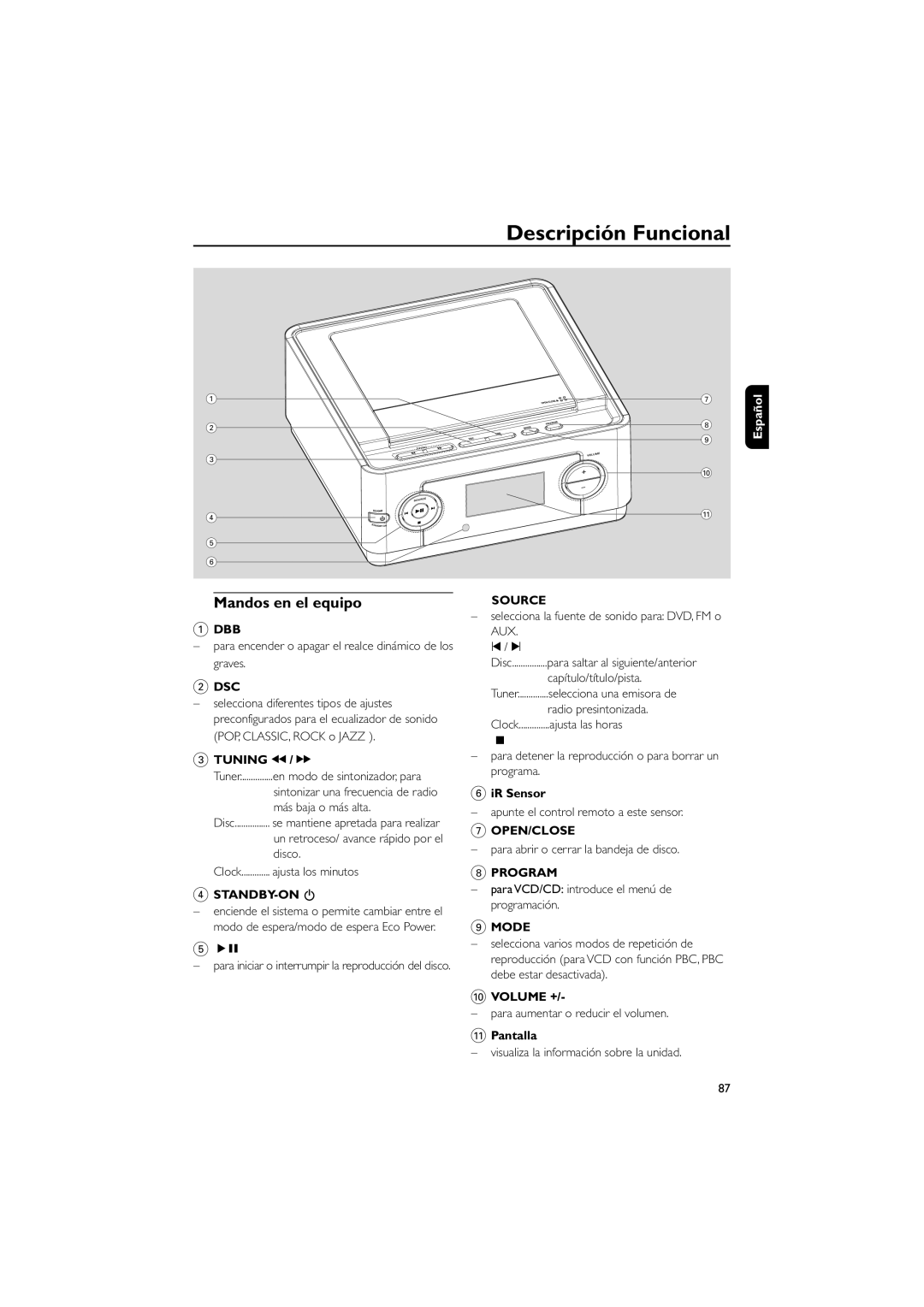 Philips MME239 owner manual Descripción Funcional, Mandos en el equipo 