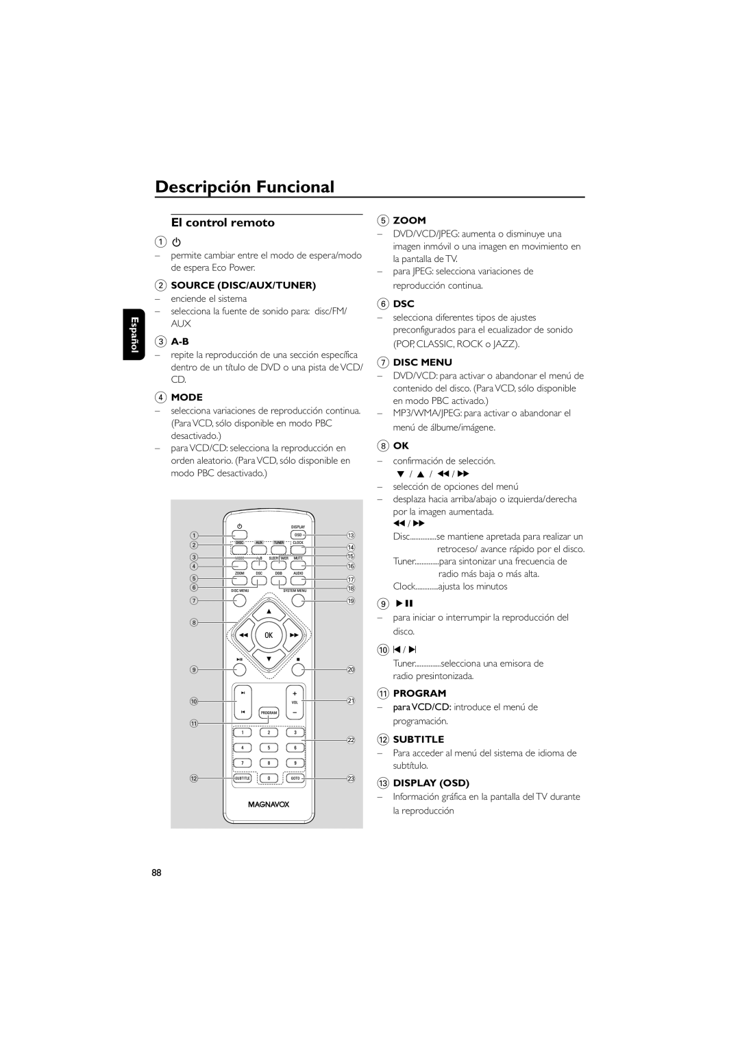 Philips MME239 owner manual El control remoto, Zoom, Disc Menu, @ Subtitle, # Display OSD 