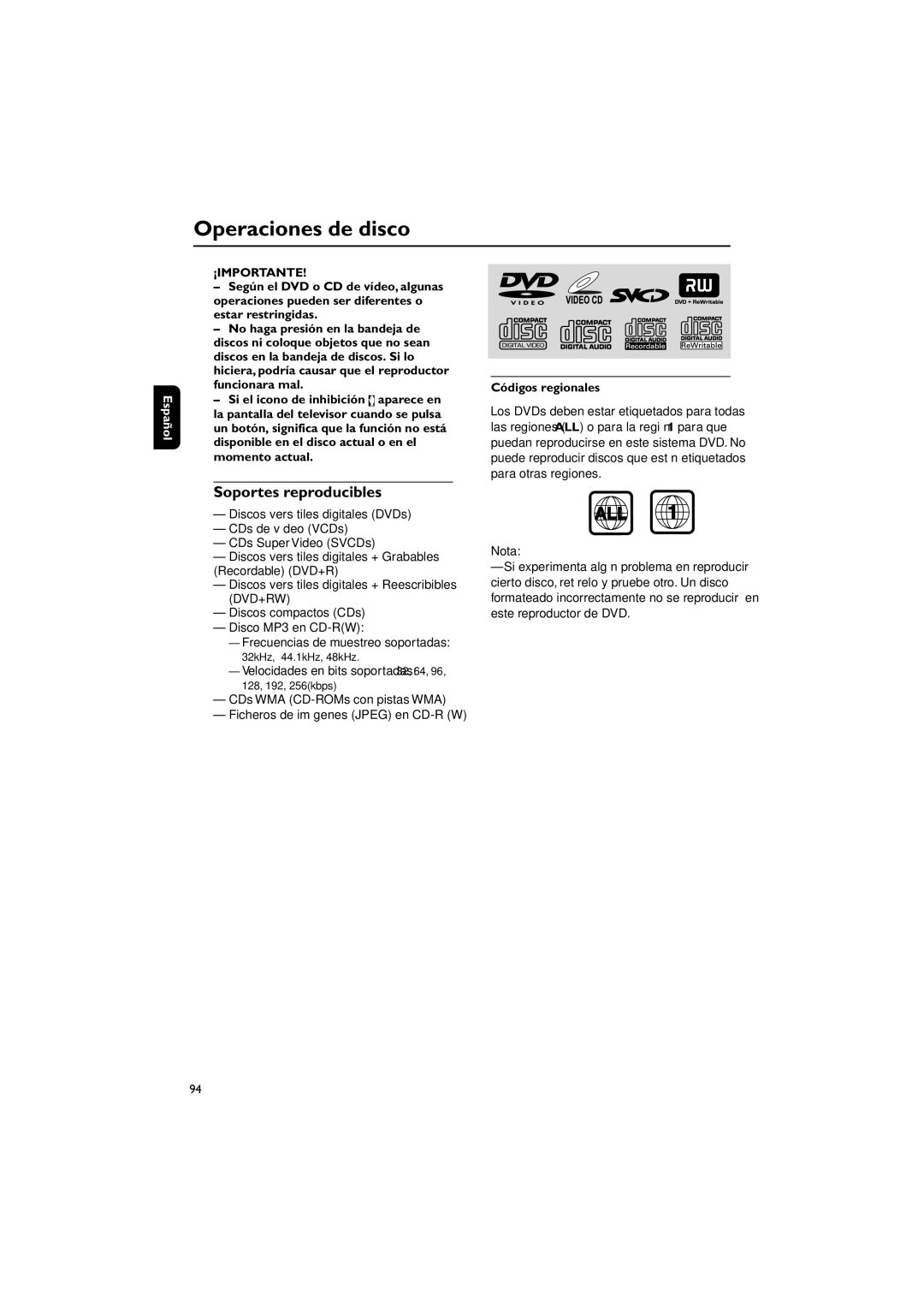 Philips MME239 owner manual Operaciones de disco, Soportes reproducibles 